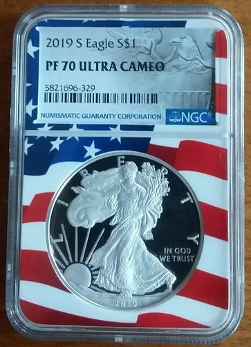 ✰ 2019-S PERFECT 1 Oz PROOF American SILVER Eagle w/RARE Flag Core NGC Slab PF70