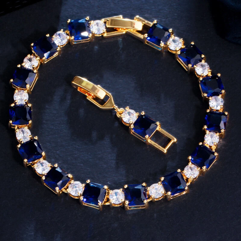 New Mix Color Square Ocean Blue White Topaz Gems Charm Women Bracelets Gold - Image 2 of 4
