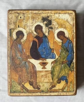 Orthodoxe christliche lithographische Heilige Dreifaltigkeit Ikone Fichtenbrett Meditation Geschenk