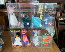 Lot of 8 Ty Beanie Babies with Display Boxes Waddle, Frills, Buzzy, and More