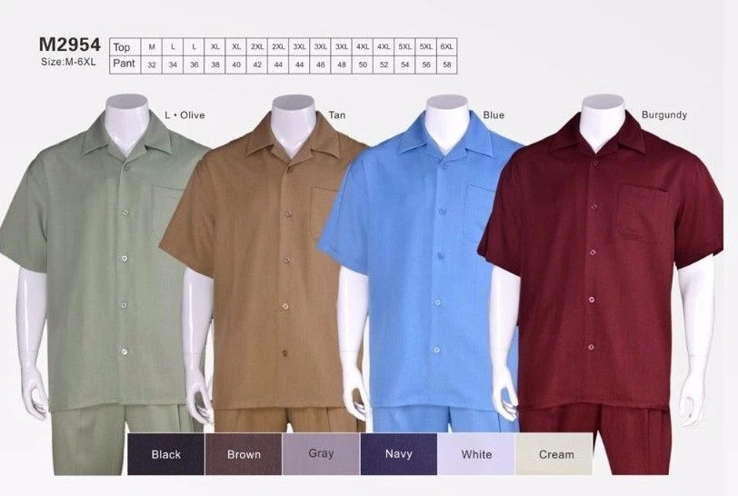 Men's 2 PC Walking Suit Short Sleeve Casual Shirt & Pants Set Solid Color #2954
