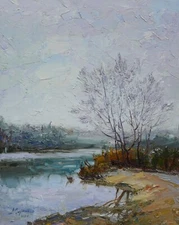 Foggy landscape Original painting IMPRESSIONISM Oil on panel by A. Onipchenko