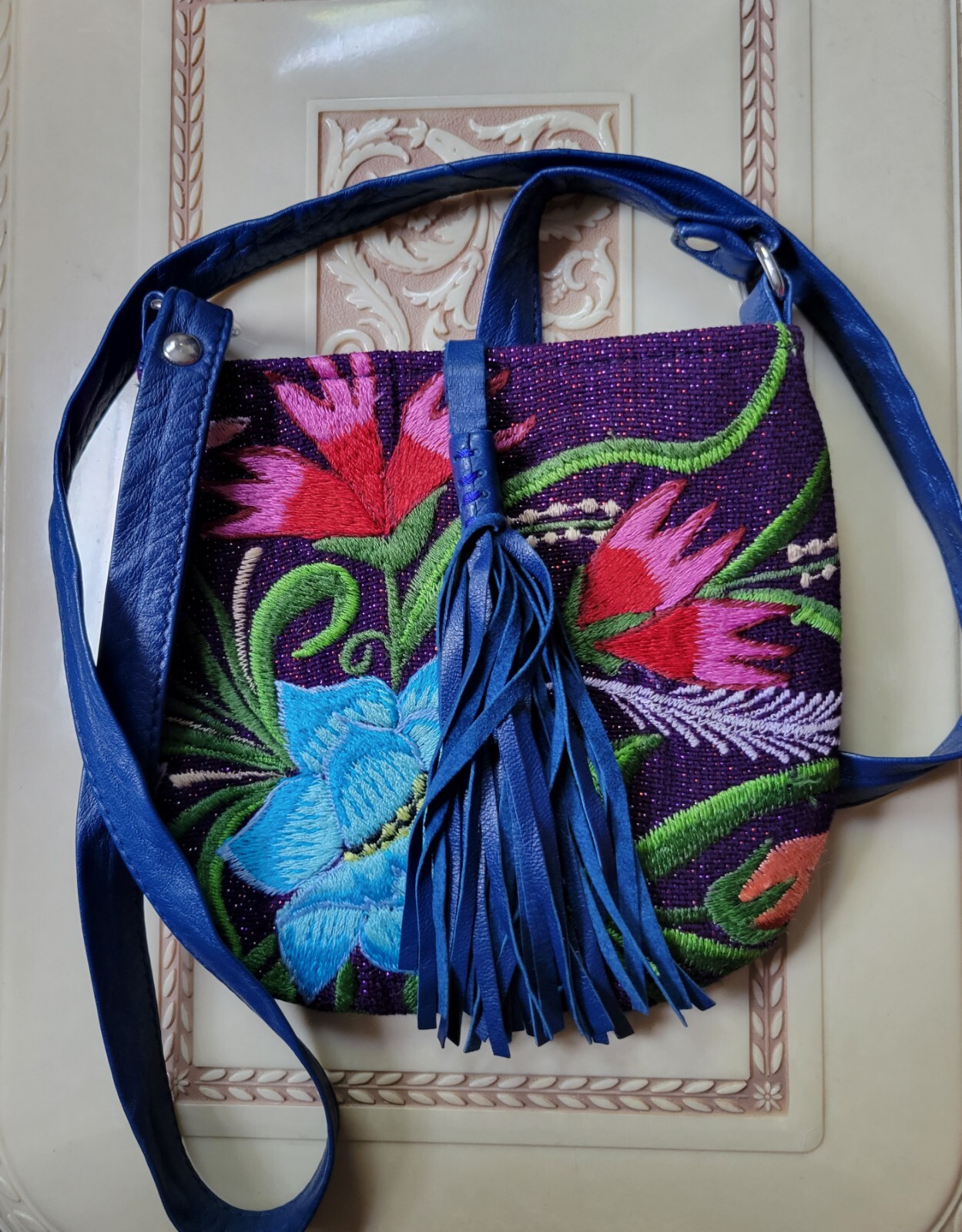 Blue Leather Tapestry Crossbody Bag Closure Tassel Mina