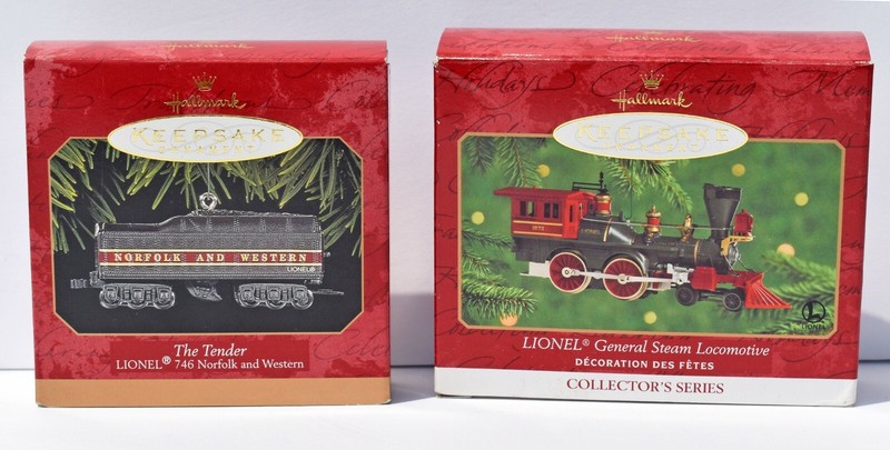2 HALLMARK Keepsake Ornaments LIONEL #5 Steam Locomotive & N&W Train Tender NOS