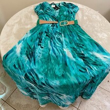 Fashion Nova Womens Green Abstract Belted Short Sleeve V-Neck Maxi Dress Size M