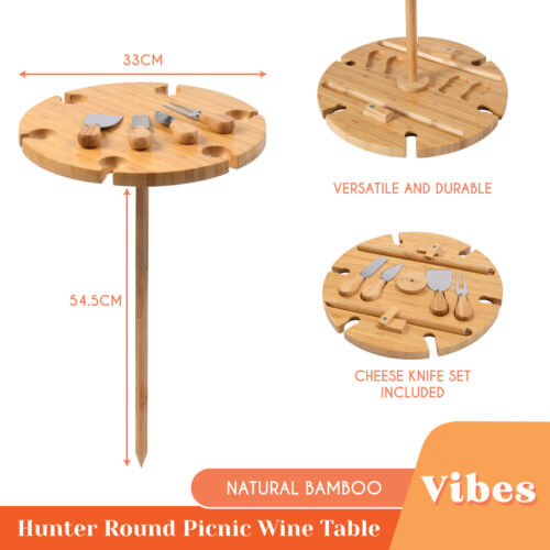 Vibes Hunter 6 Person Round Picnic Wine Table with Cheese Knife Set Natural - Picture 1 of 8