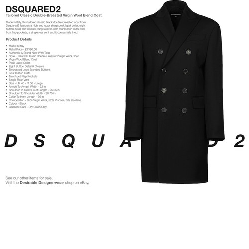 DSQUARED2 Coat Tailored Double Wool Overcoat Breasted Black Size 50 RP £1390.00 - Picture 2 of 10
