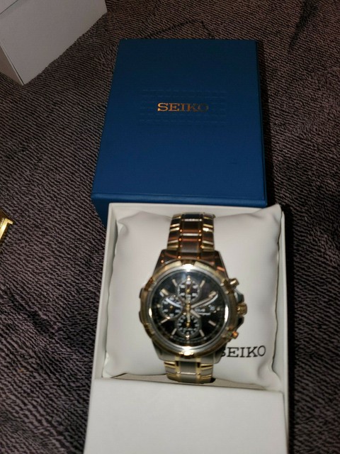 Seiko Solar Chronograph Black Dial Two Tone Stainless Steel Men's Watch Ssc142 for sale online