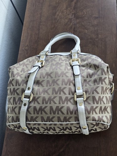 Michael Kors Handbag Bedford Women Medium Logo Jacquard Satchel Beige Vanilla - Picture 14 of 20