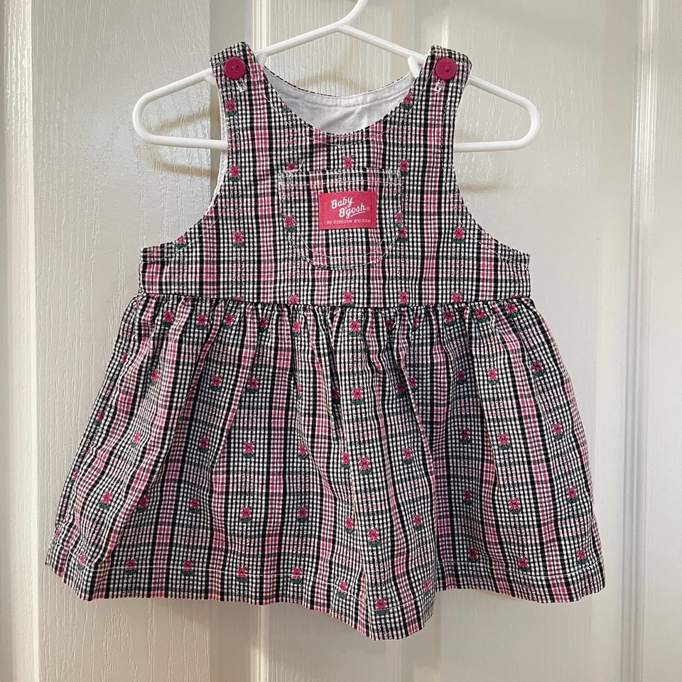 Vintage Oshkosh Baby B'gosh Blumen rosa schwarz kariert Kleid USA Mädchen Größe 18 Monate