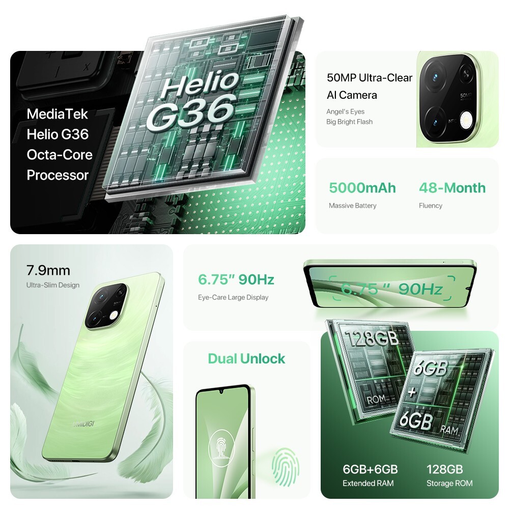 UMIDIGI G9C 6GB+128GB 6.75'' Dual SIM 50MP NFC Android Unlocked