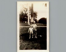 Antique 1940's Boys Standing Next to Tree - Black & White Photography Photo