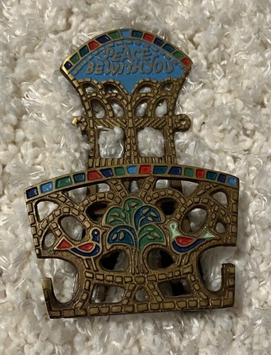 Vtg Sancta Guild Brass Wall Letter Holder "Peace Be With You", 1970, colorful