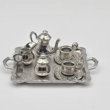 1/6 Scale Miniature Tea Set Doll House 1:6 Ceramic Silver/Gold Tone 6 Piece Tray