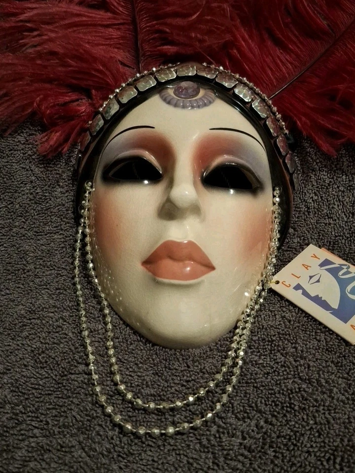 Vintage 1990 Clay Art 6" Mask W/Feathers, Decorative Bejeweled - Image 2 of 4
