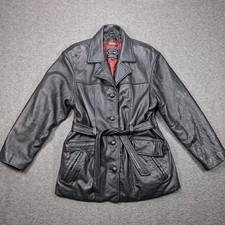 Tannery West Leather Coat Womens Large Black Belted Thinsulate Mid Length