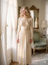 Vintage Coquette Cottagecore Bridal Ivory Lace Nylon Maxi Nightgown Dress Small