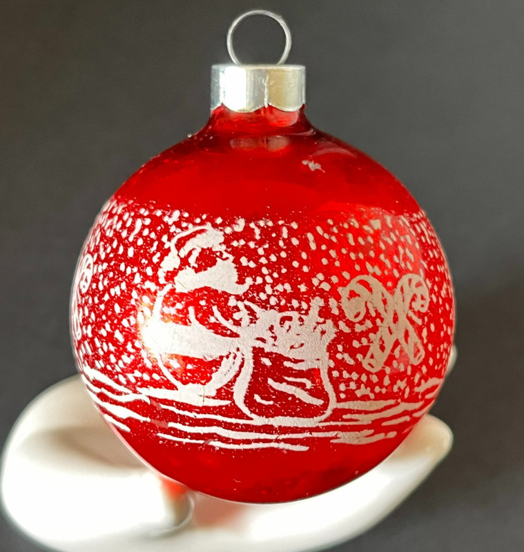 Vtg 1940's Stenciled Santa Sack Mercury Glass Christmas Ornament HTF Design 2.5"