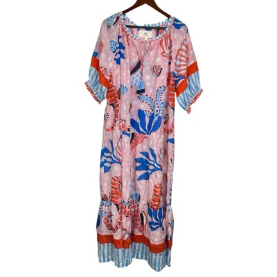 Printfresh Voyage Midi Cotton Coverup Beach Dress Pink Blue Seahorse Large *FLAW