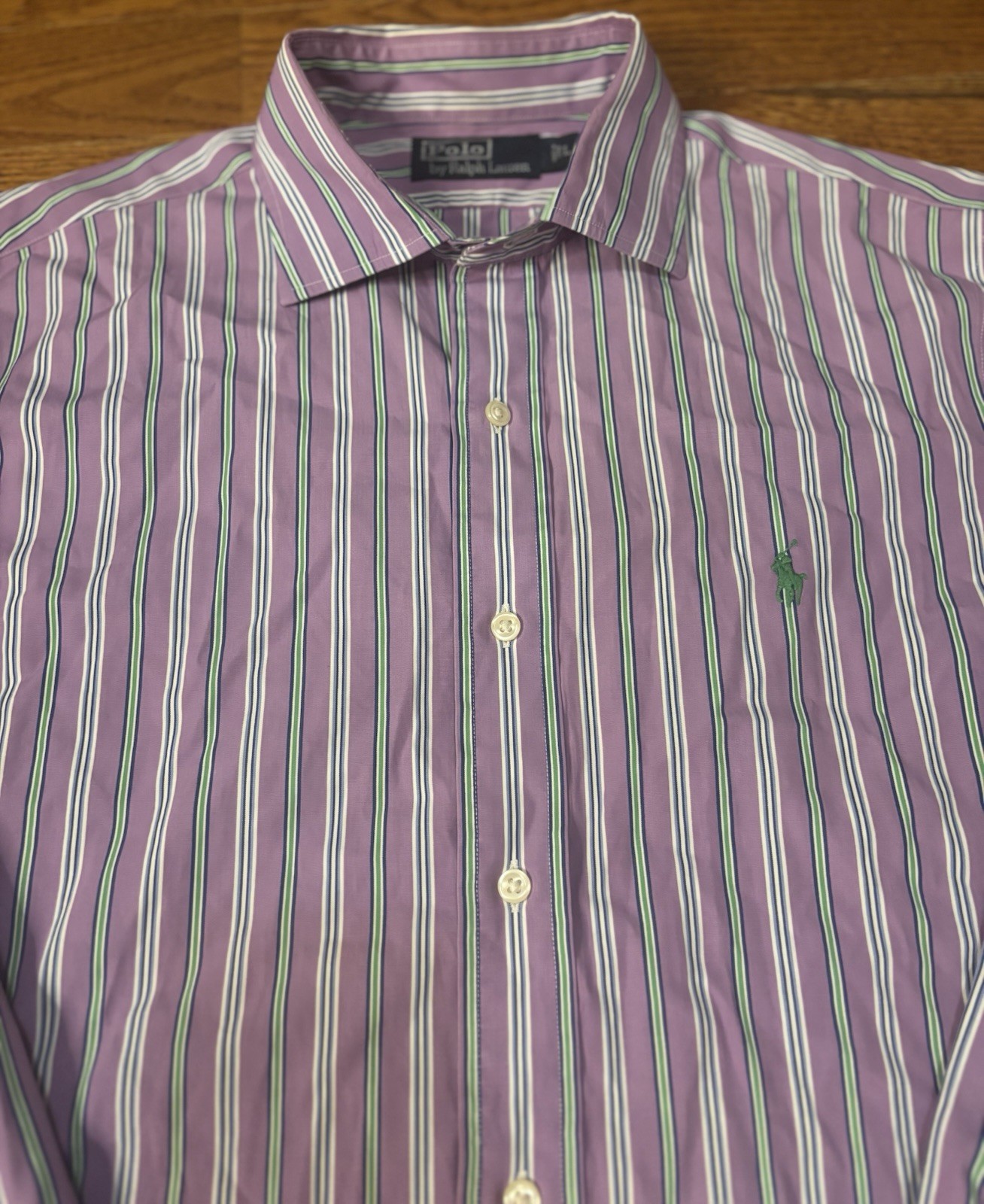 Polo Ralph Lauren camicia L viola verde a righe pony con bottoni manica lunga uomo