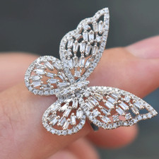 14K White Gold Finish 3.50 Ct Round & Baguette Diamond Butterfly Engagement Ring