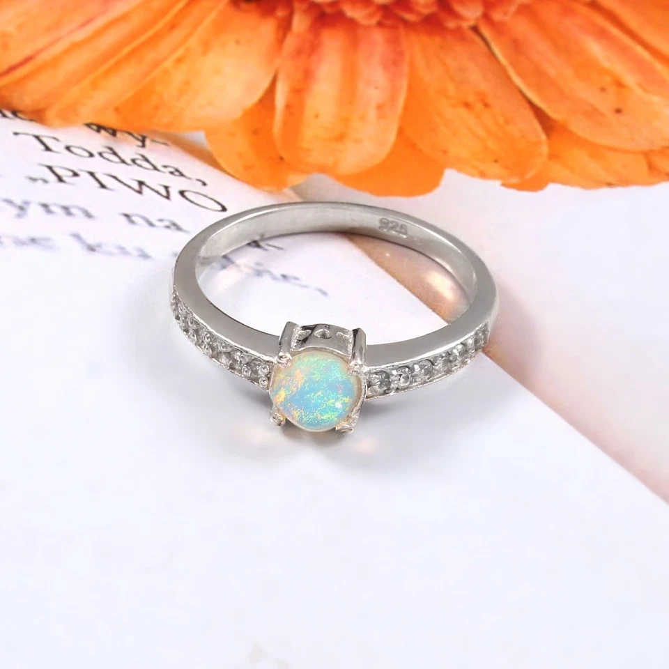 Hermoso anillo de ópalo etíope natural plata 925 ópalo de fuego cabujón redondo Foto 3 de 4