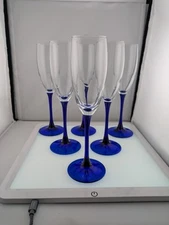 6 Champagne Glasses in Cobalt Blue Stem and Foot by Luminarc D'Arques France