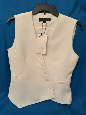 ZARA White Viscose Suit Vest Notch Lapel Lined Tailored XS Regular