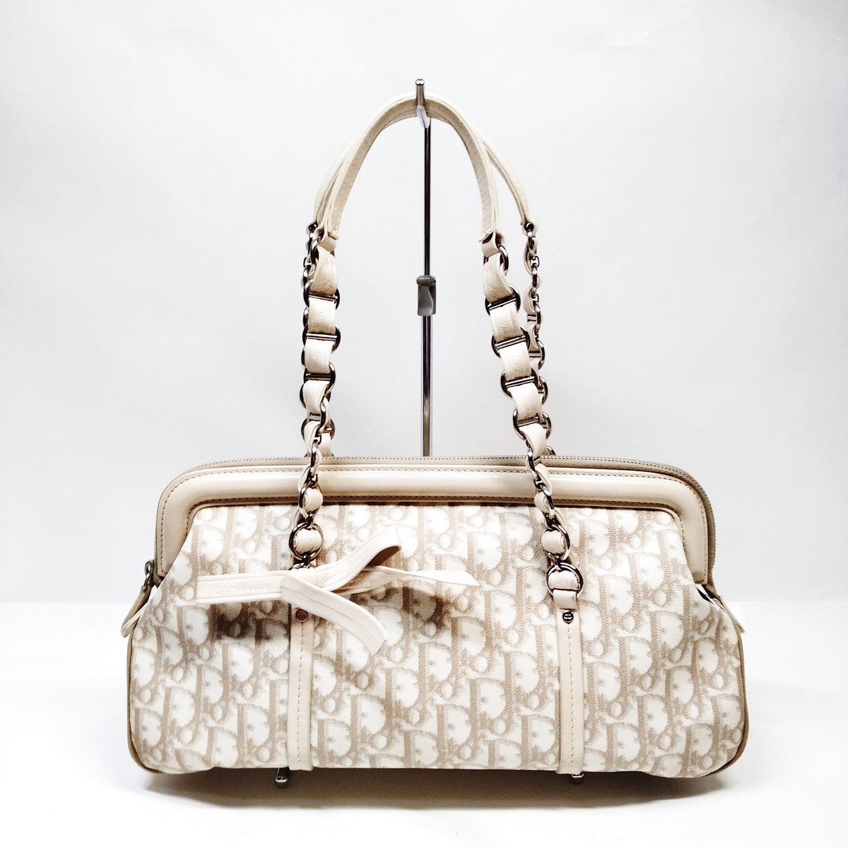 Christian Dior Hand Bag Trotter Romantic Ribbon Beige PVC 5503442