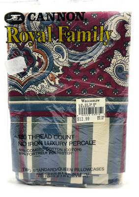 Cannon Royal Family 180 Thread Count Percale Paisley /Stripe Two Pillowcases NEW