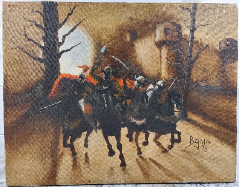Vintage Oil Painting medieval four horseman 1978