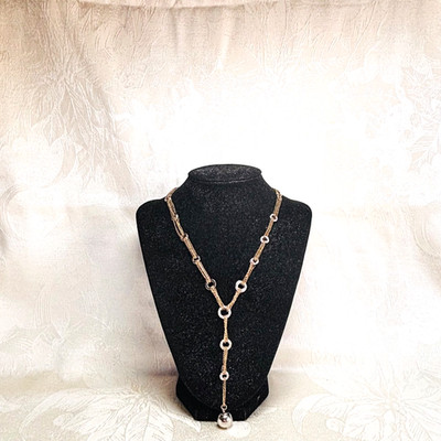 BIJOUX TERNER necklace goldtone metal chains rings rhinestone Y drop metal bead