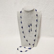 Handmade Jewelry 35" Blue Clear Faceted Glass Teardrops Necklace Earring Set