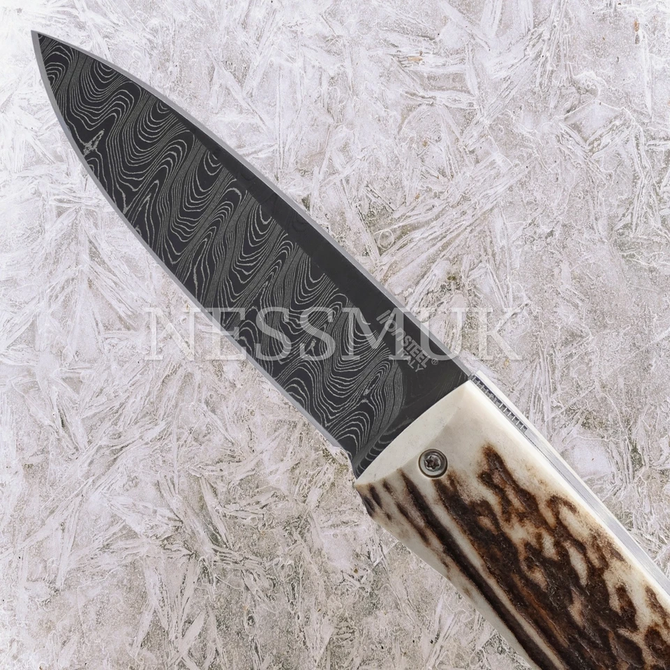 Navaja de bolsillo plegable Lion Steel T8800DCE Opera Damascus Stag Lockback Foto 4 de 4