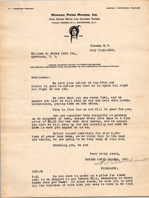 1925 Mohawk Paper Makers Inc. Business Letter Cohoes NY Vintage Ephemera