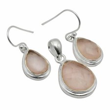 Rose Quartz Solid 925 Sterling Silver Pendant  Earrings Set Jewelry ST-098