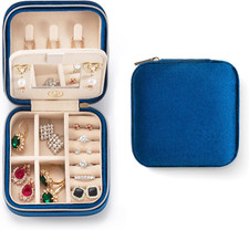 Navy Blue Plush Velvet Travel Jewelry Case with Mirror  Earring Organizer