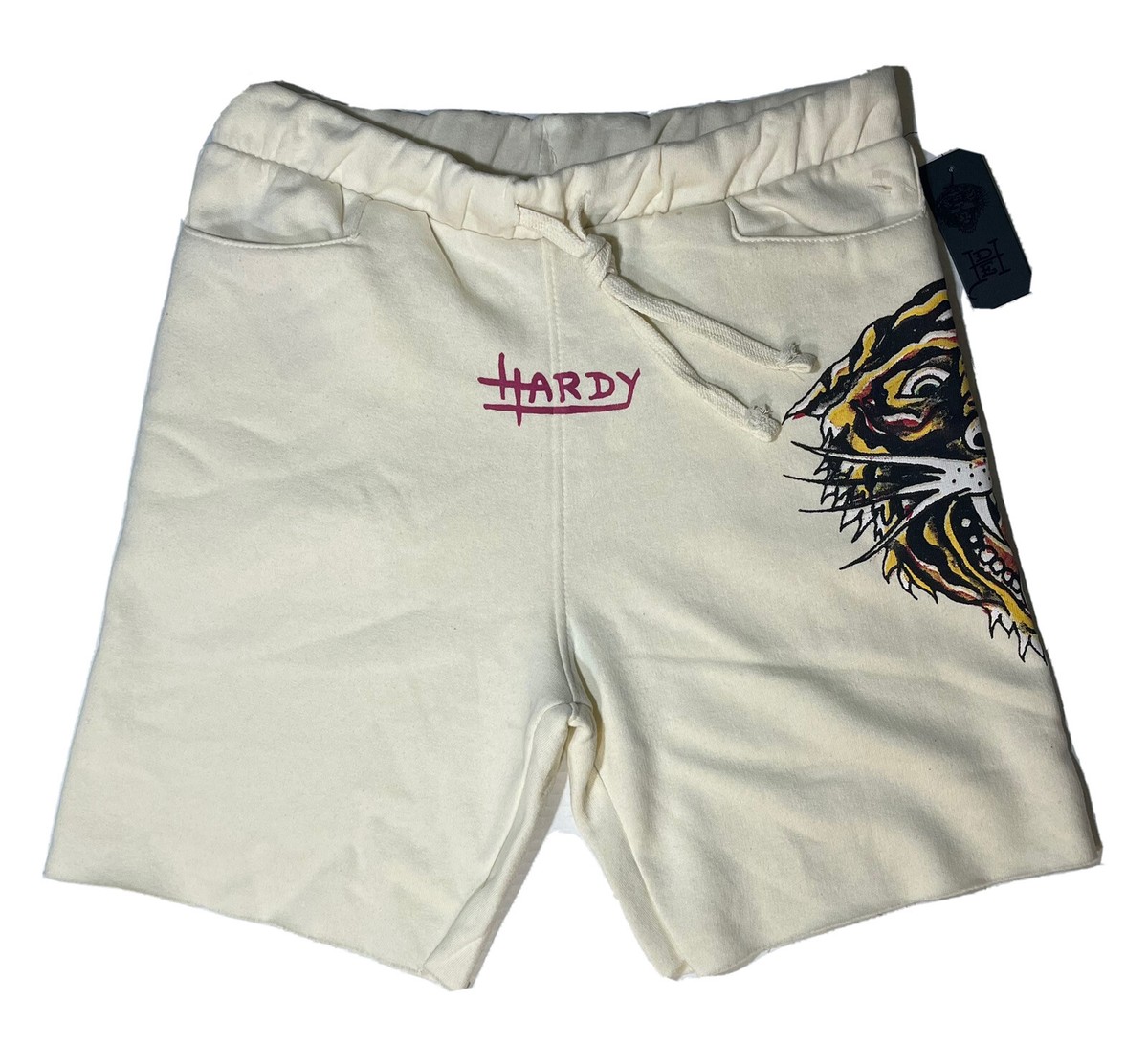 Ed Hardy Fleece Sweats Shorts Graphic Tiger Drawstring Cream Mens