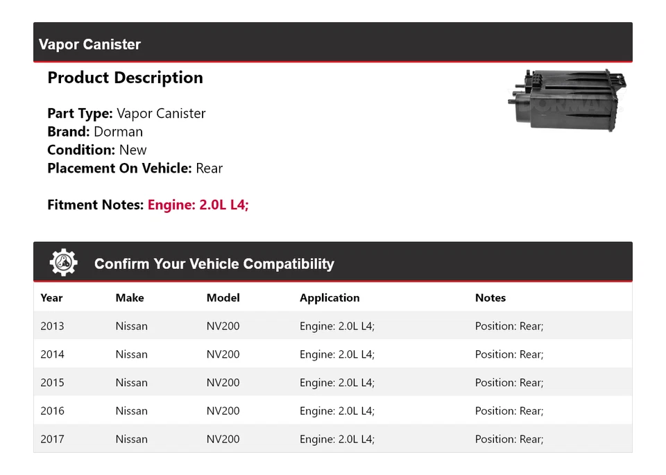 Para Nissan NV200 2013-2017 2,0 L L L4 Dorman bote de vapor trasero 2014 2015 2016 Foto 2 de 4