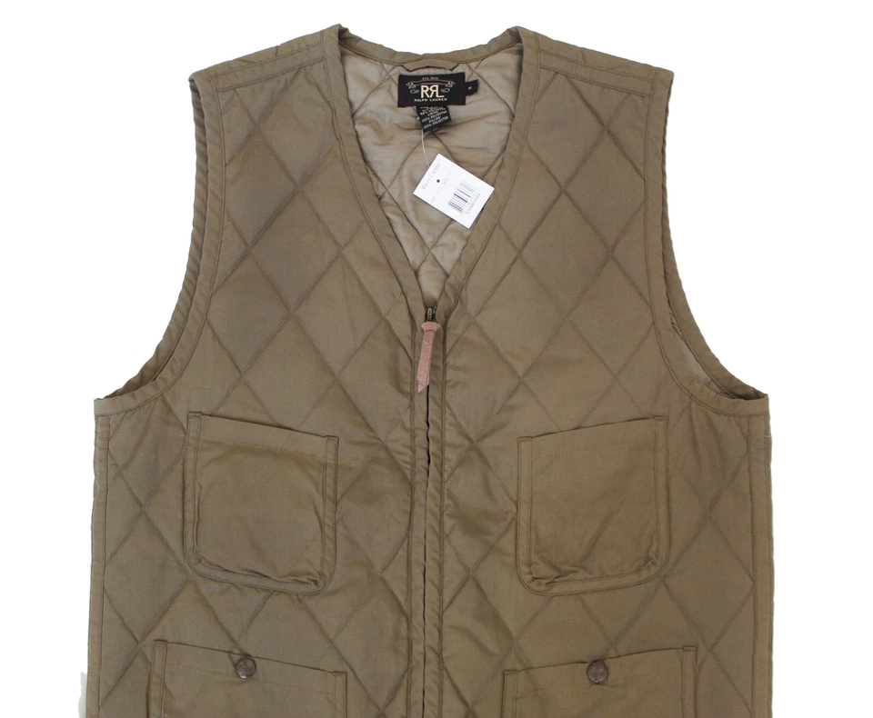 Double Ralph Lauren RRL Mens Quilted Olive Green Leather Puffer Vest Jacket NWT - Image 2 of 4