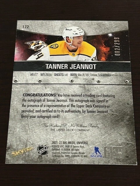Tanner Jeannot 2021-22 Skybox Metal Universe Autograph #172 /299 - Image 2 of 2