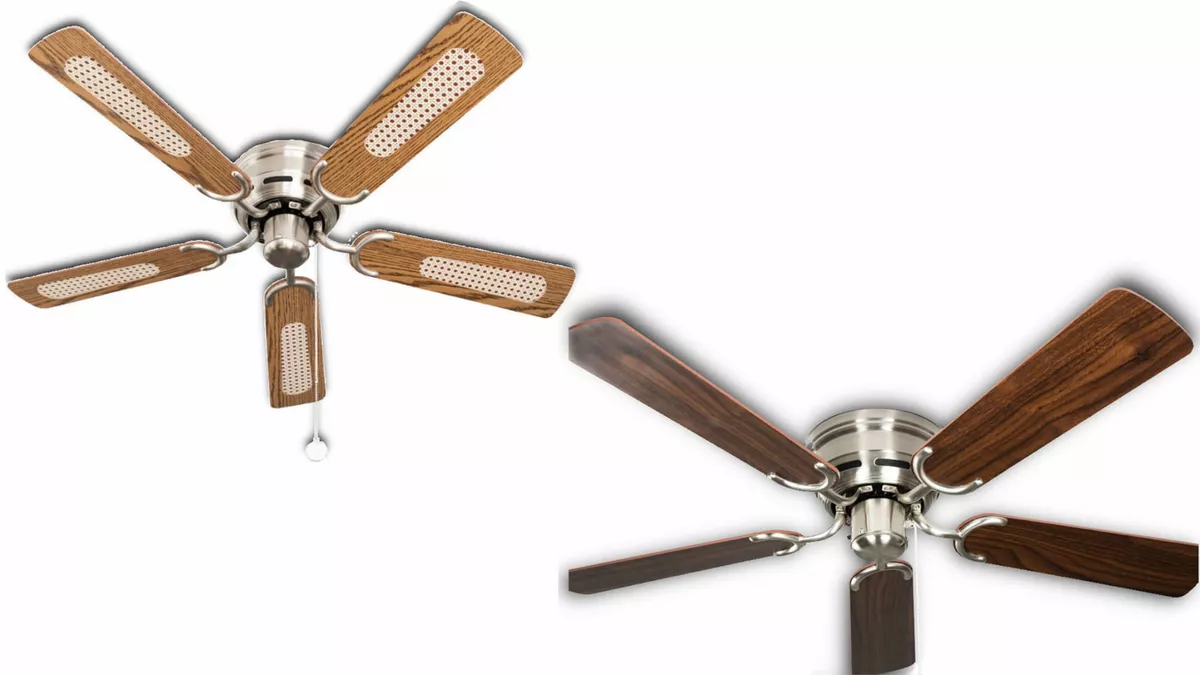 Flush mount ceiling fan Kisa Deluxe nickel blades oak cane walnut 105 cm 42