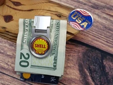 NEW VINTAGE 1970's SHELL OIL GAS ADJUSTABLE LOCKING MONEY CLIP WALLET HOLDER NOS