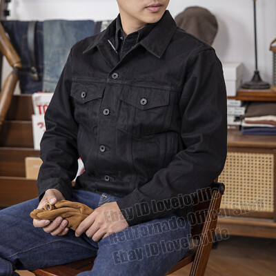 Red Tornado 14oz Men Black Denim Jacket Raw Selvedge Denim Coat Cotton Retro New