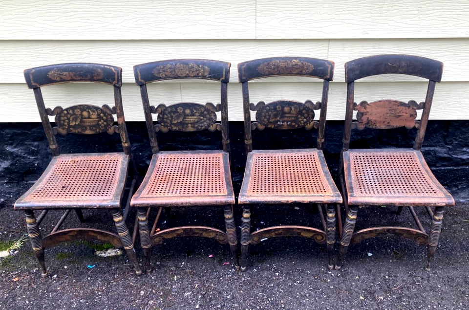 4 sillas antiguas de asiento de bastón Hitchcock L con pintura estampada original vintage-raras Foto 2 de 4