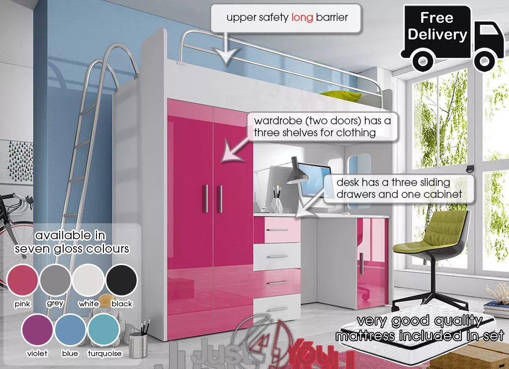 MODERN CABIN LOFT BED HIGH SLEEPER BOY GIRL BUNK BED SET STORAGE