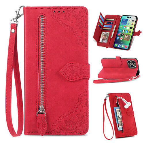 Flower Zipper Wallet Phone Case For iPhone 16 15 14 13 12 11 Pro Max XR 7 8 SE - Picture 29 of 29