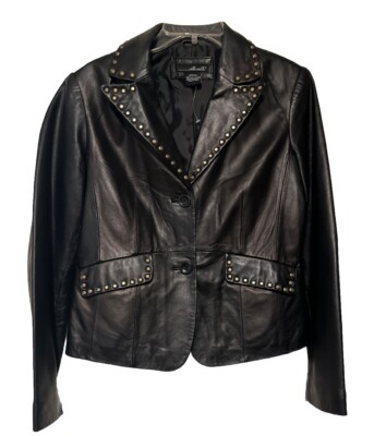 Willi Smith 100% Lamb Leather Studded Black Jacket Women Sz Medium Pockets Lined