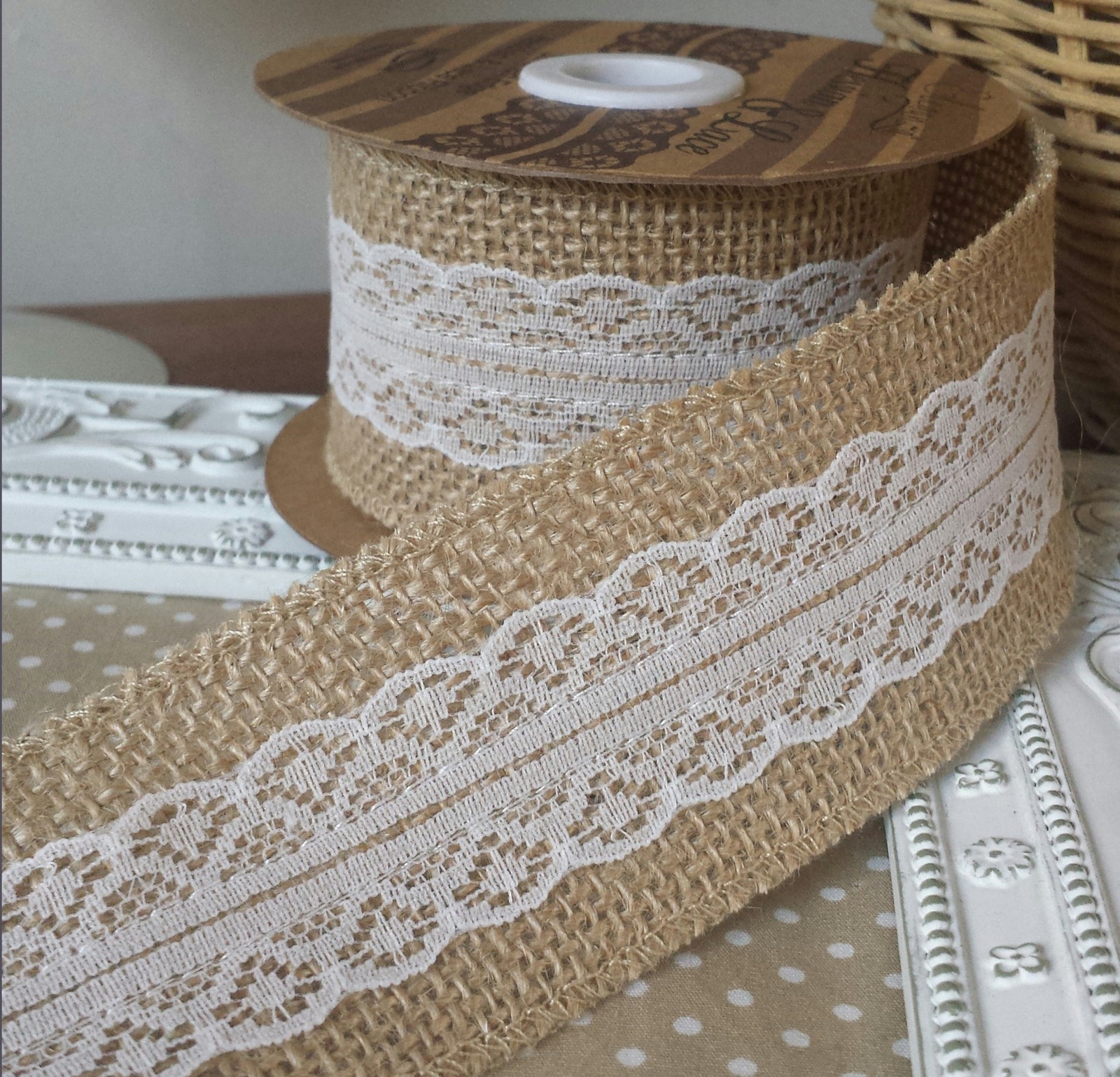 50mm Hessian / Jute and Lace Ribbon. White or Ivory. Rustic Vintage ...