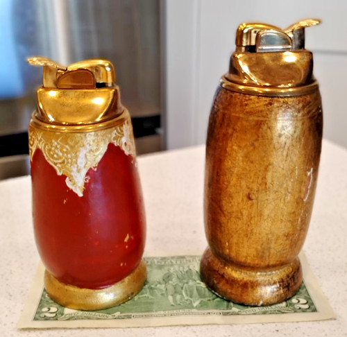 2 Genuine USA Evans Table Cigarette Lighters with Enamel Wood Bases